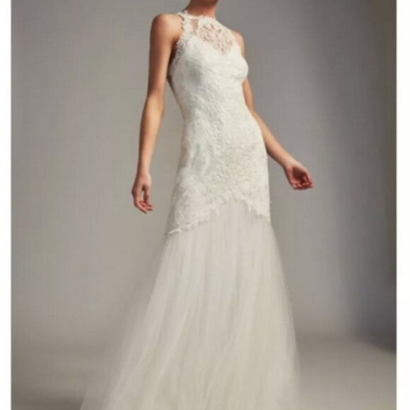Tadashi Shoji Bridal Janey Lace Halter Mermaid Tulle Ivory Gown
